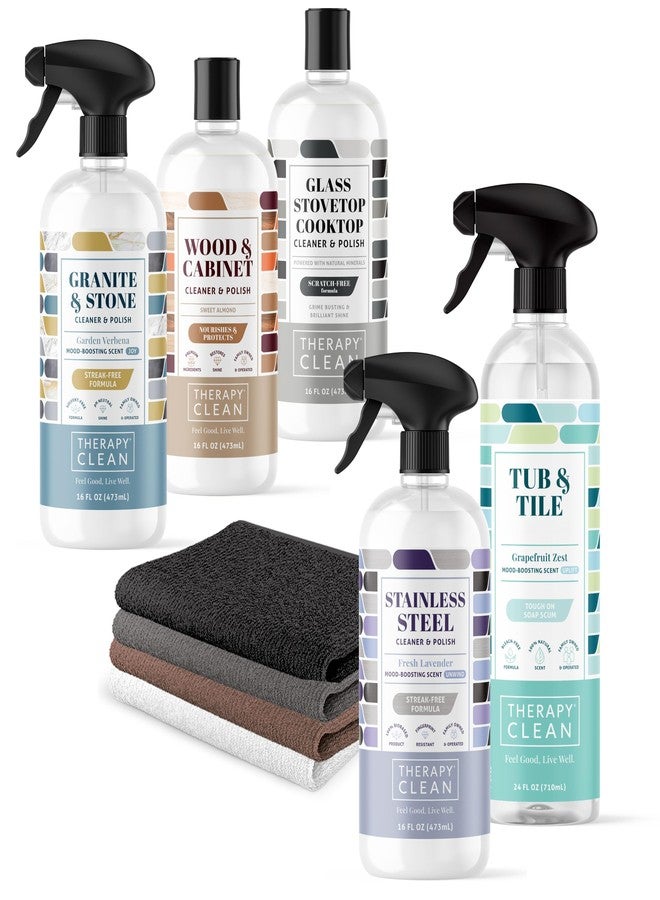 Therapy Clean Home Essentials Bundle - Cleaning Supplies Bundle Kit New Home - House Cleaning Kit - Household Gift Set - Stainless, Granite, Bathroom and Wood with Microfiber Cloths - Image 1